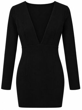 Missguided Black Deep V Long Sleeve Bodycon Dress